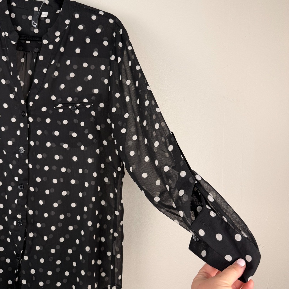 KUT from the Kloth Blouse Women's Medium Black Polka Dot Chiffon Button Front - Picture 12 of 15